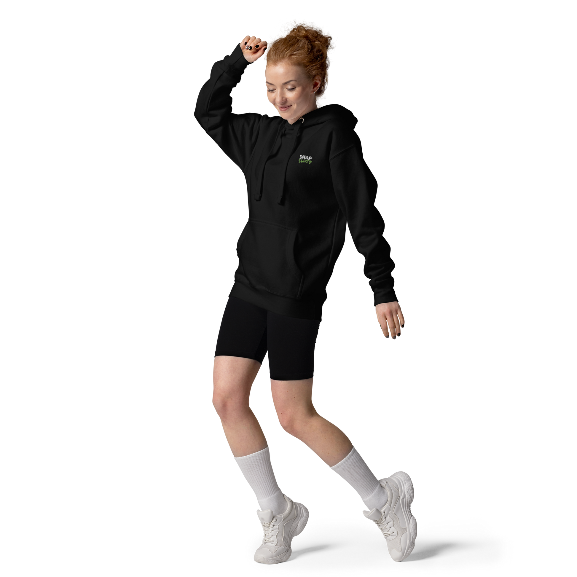 Girl wearing black SNAPSLATT EMBROIDERED HOODIE