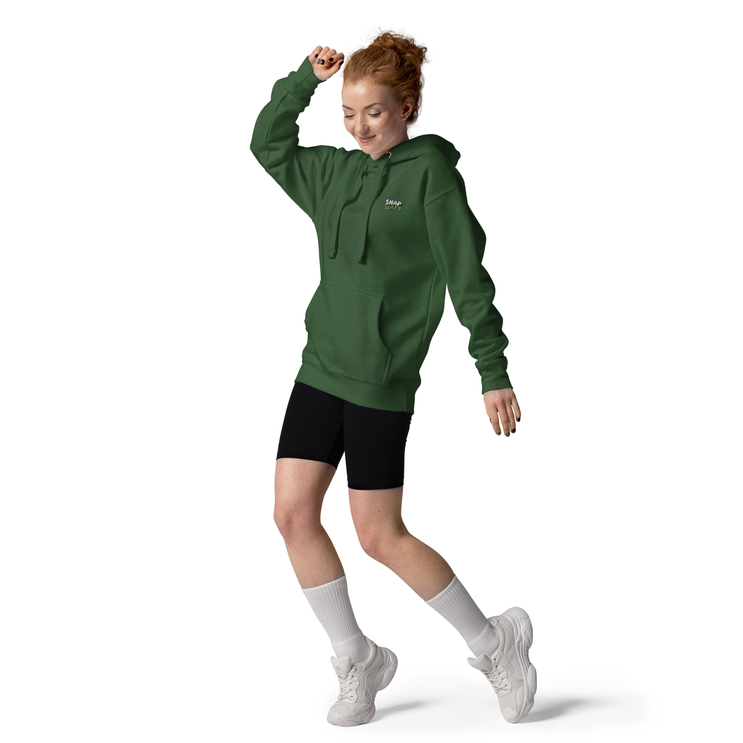 Girl wearing forest green SNAPSLATT EMBROIDERED HOODIE