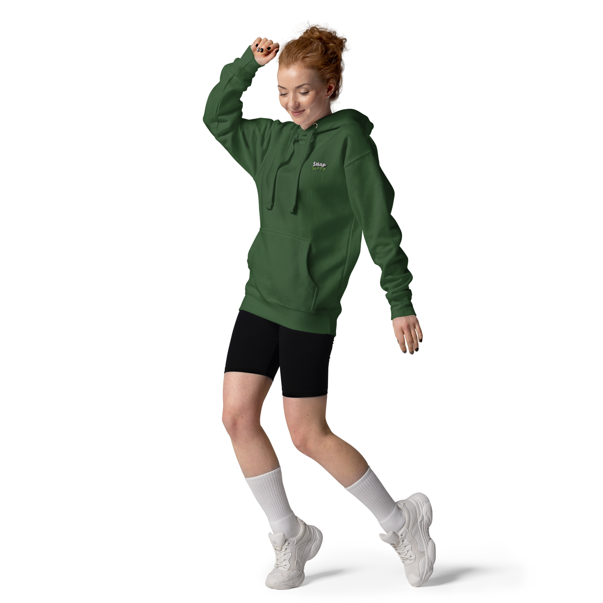 Girl wearing forest green SNAPSLATT EMBROIDERED HOODIE