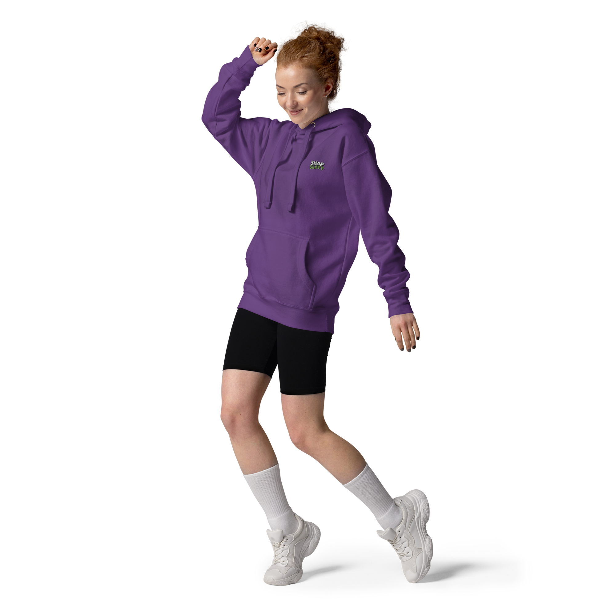 Girl wearing purple SNAPSLATT EMBROIDERED HOODIE