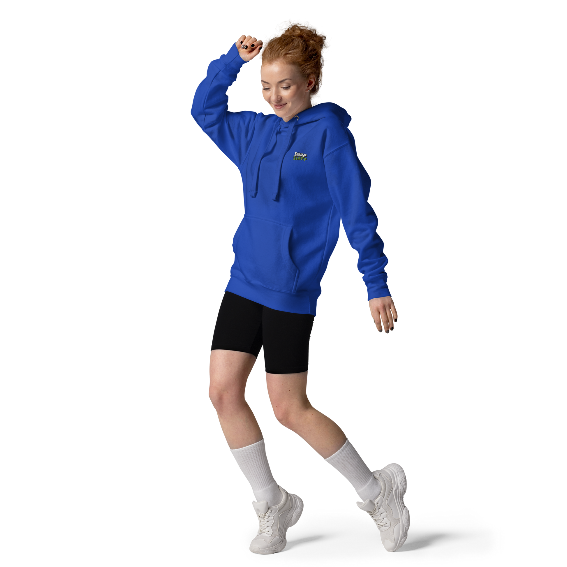 Girl wearing royal blue SNAPSLATT EMBROIDERED HOODIE