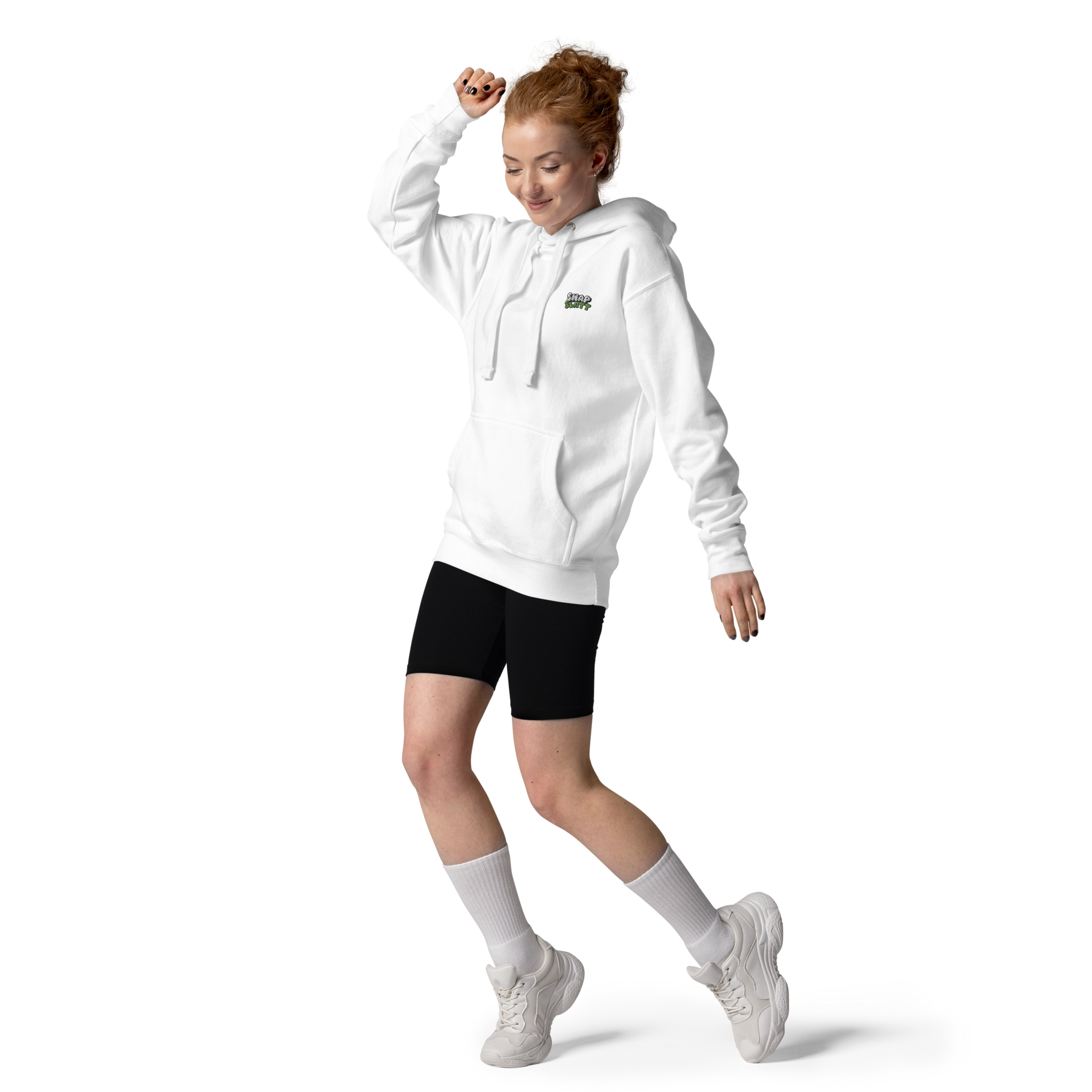 Girl wearing white SNAPSLATT EMBROIDERED HOODIE